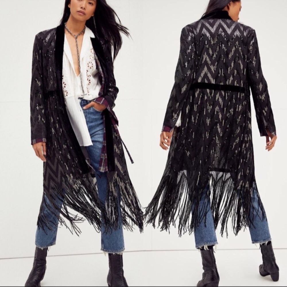 NWT Free People Black Fringe Long Sequin Duster - Video